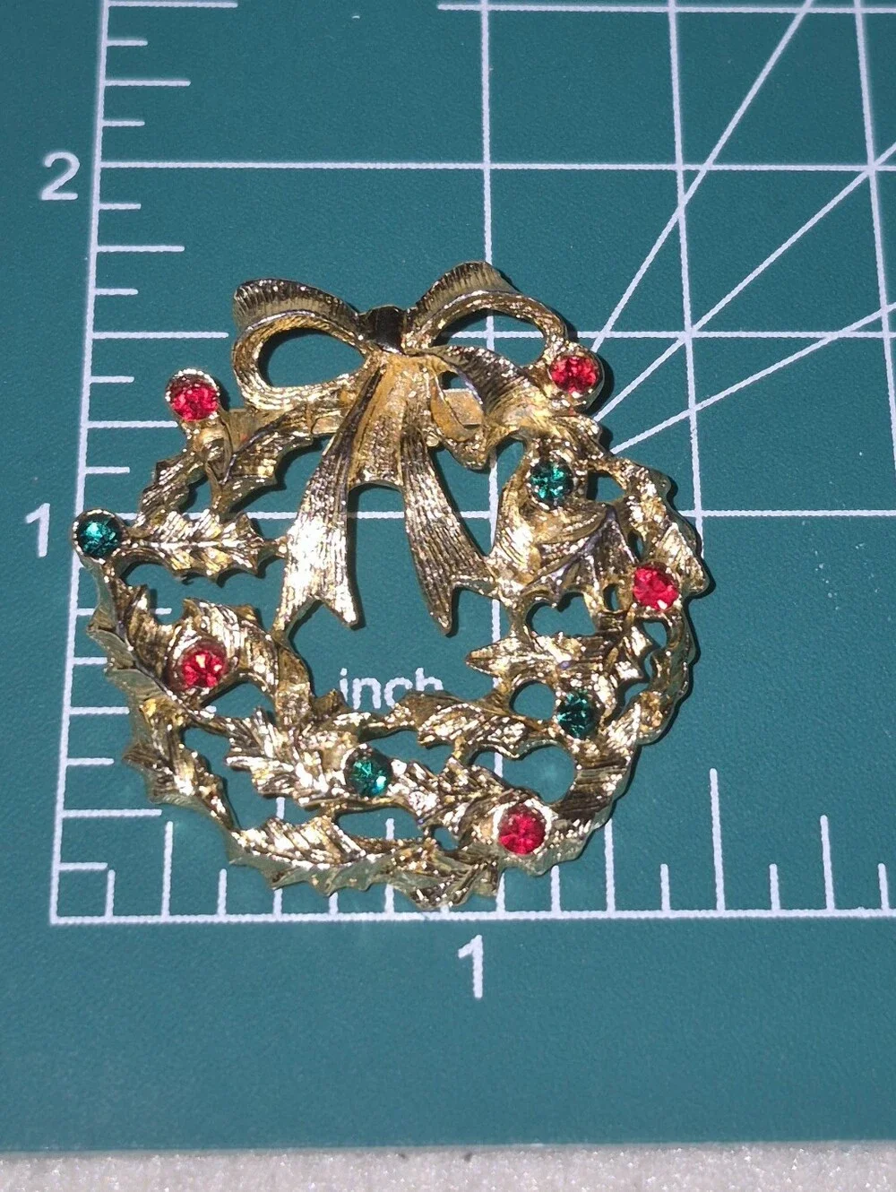 Holiday Wreath Brooch with Red and Green Faux Stone
